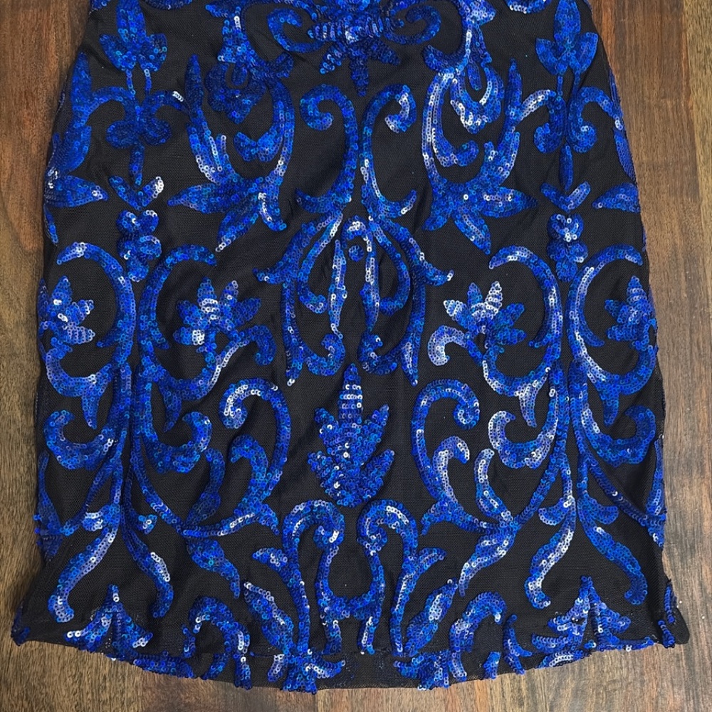 B Darlin Blue Black Sequin Scroll Dress Size 5/6 Sweetheart Mini - Picture 7 of 9